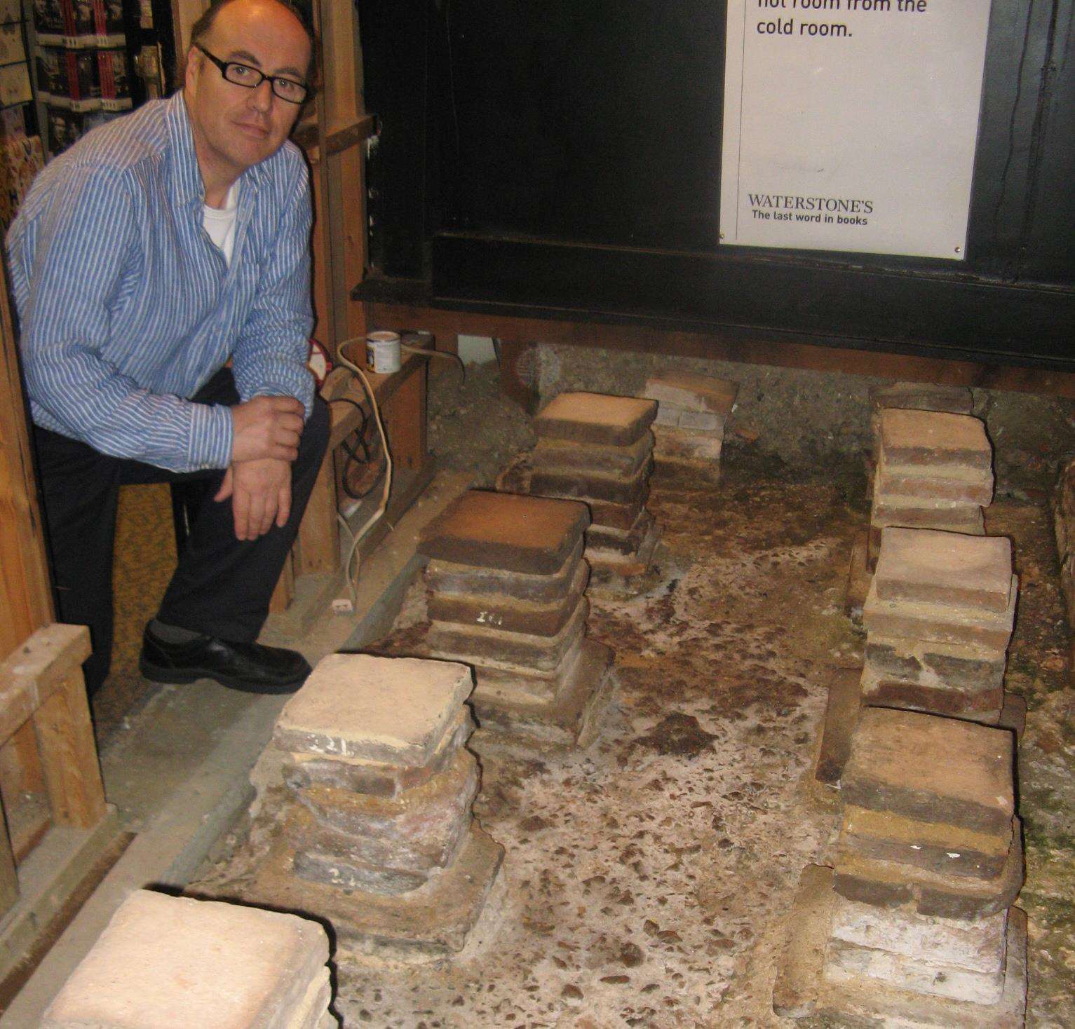Pillars from the Roman bath in the basement at Waterstones in Canterbury