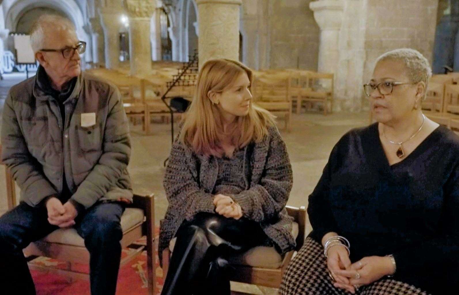 Mina and Chris Smallman with Stacey Dooley at Canterbury Cathedral. Picture: BBC