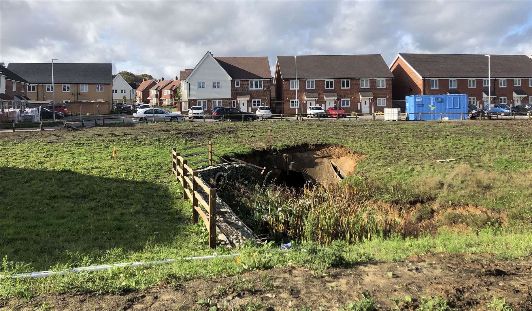 A sinkhole has opened up in the Orchard Fields development in Hermitage Lane