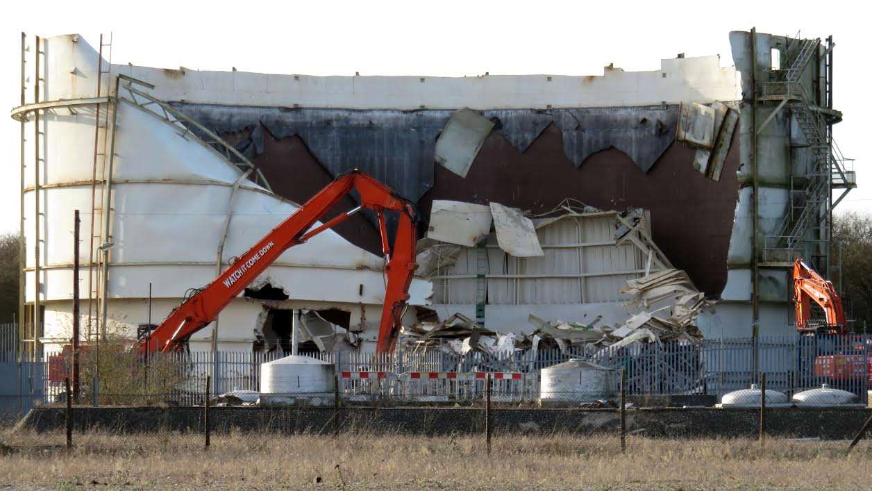 The demolition of the giant gas holder is underway. Picture by Andy Clark.