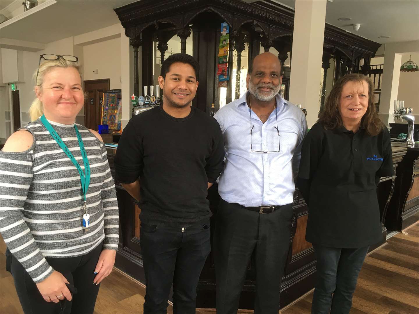 The Royal Hotel, Sheerness, has new owners. Rashmi Dedigama, centre left, and his friend Peter Karan, are investing £600,000 in the prominent building and have welcomed back former staff Kat Cordier, left, as manager and Jill Gray. Picture: John Nurden