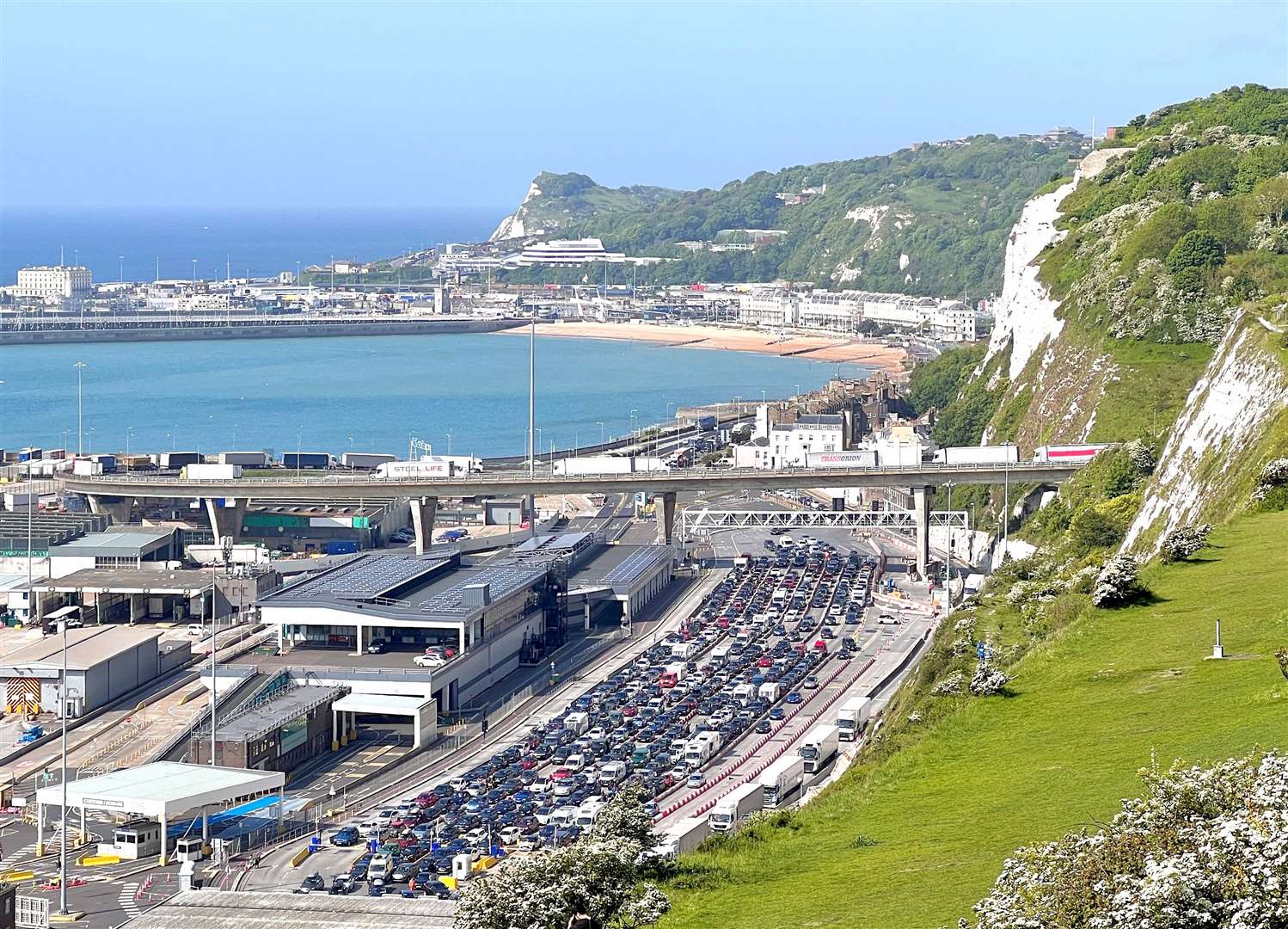 View of the Port of Dover this morning, showing heavy traffic waiting to board ferries. Picture: Ralph Lombart