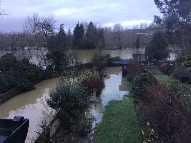 Flooding in Lois Mitchell's garden in Yalding