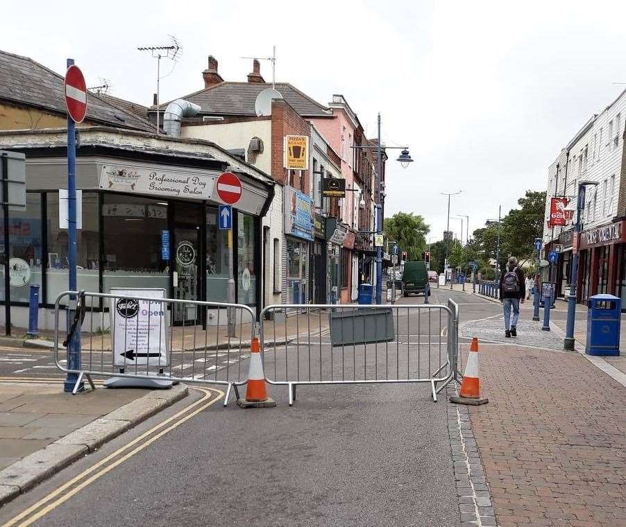 A barrier in Sheerness High Street, which has been temporarily pedestrianised due to the coronavirus crisis. Picture: Swale council