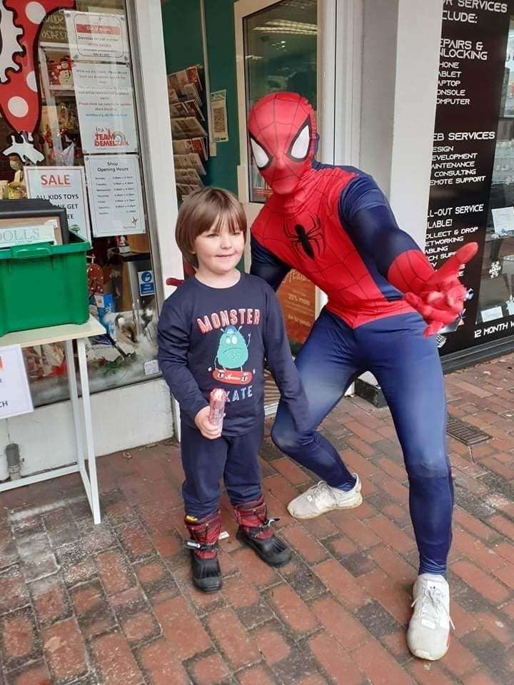 Ronan Finch, aged four, with Sittingbourne Spider Man. Picture: Toni Finch