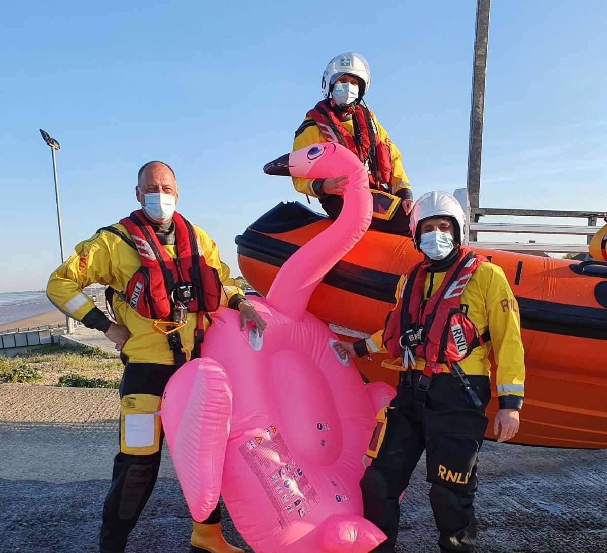 RNLI volunteers John Ruffhead (helm), Heather Crittenden (trainee helm) and Josh Spiers (boat crew), who helped rescue a pink flamingo from the sea. Picture: Littlestone Lifeboat Station/Adrian Easterling