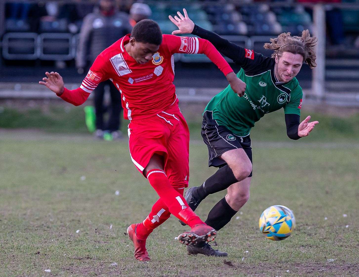 Whitstable's Montrell Deslandes gets a pass away during their 2-0 loss at Phoenix Sports. Picture: Les Biggs