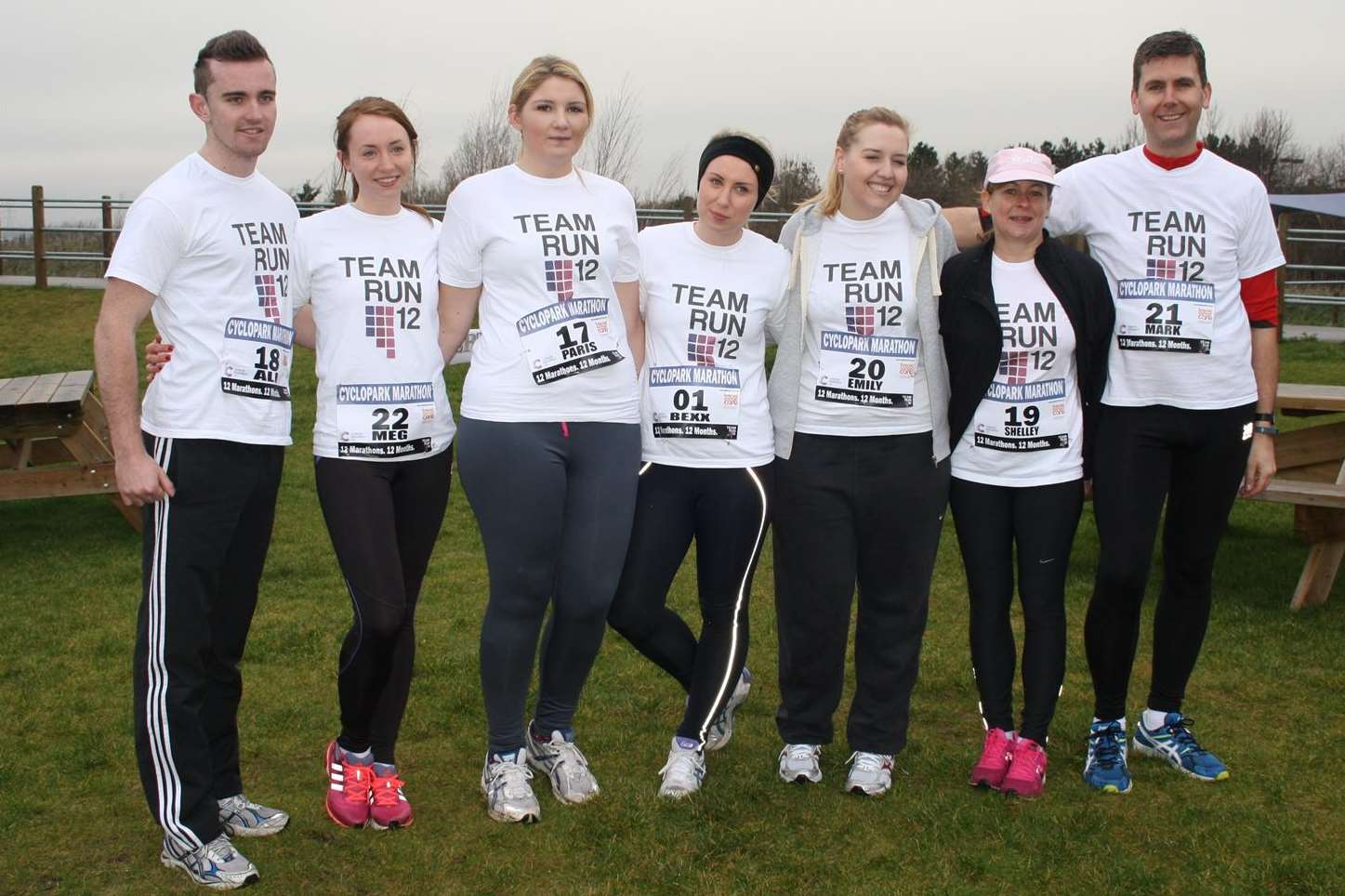 Rebecca with members of Team Run 12 at her first marathon at Gravesend Cyclopark in January.