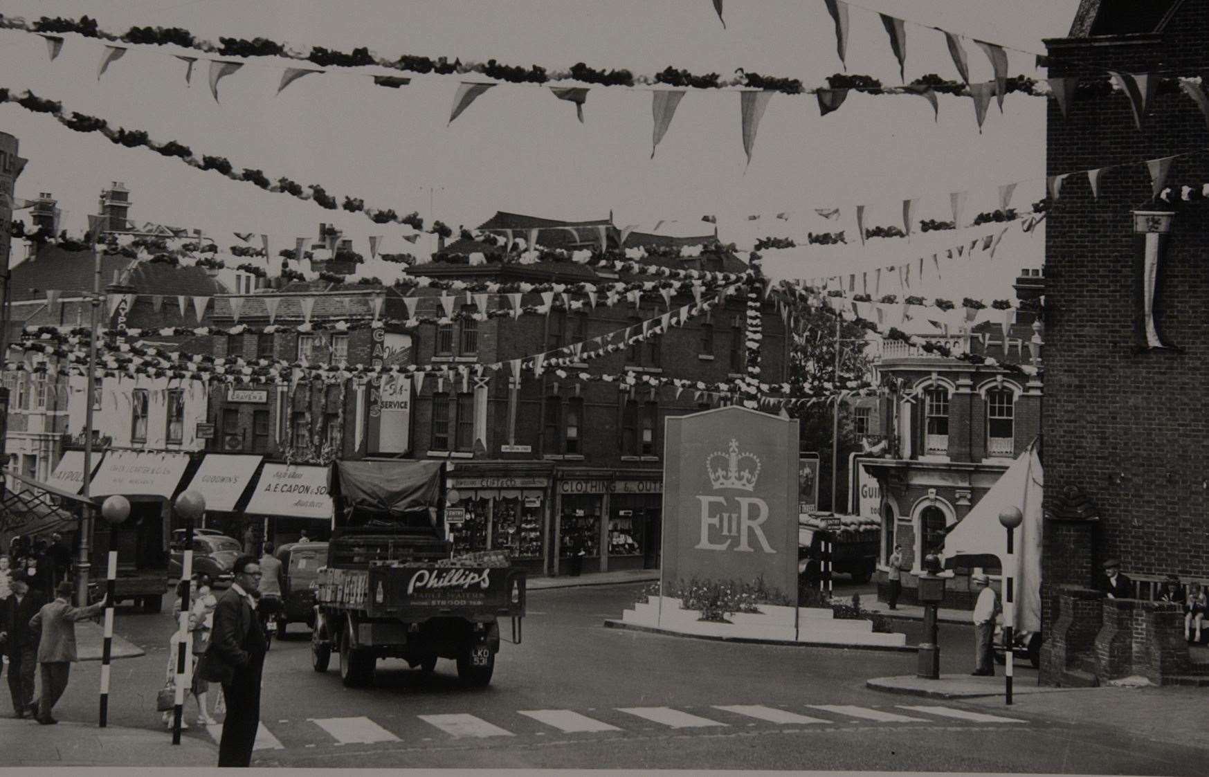 Decorations at Star Hill, Rochester, for the coronation, June 1953. Picture: KMG