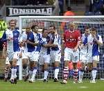 Blackburn's players celebrate their second goal. Picture: MATTHEW WALKER