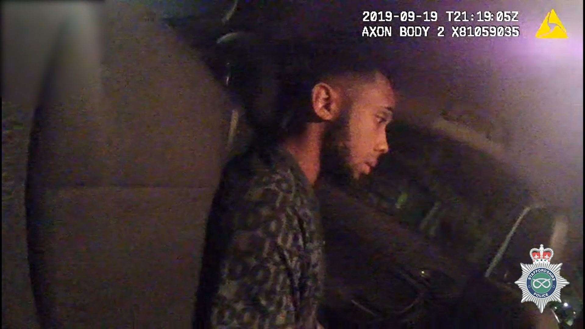 Still from body-worn video showing Wesley Streete in the back of the police car, after being arrested for Ms Bunker’s murder (Staffordshire Police/PA)