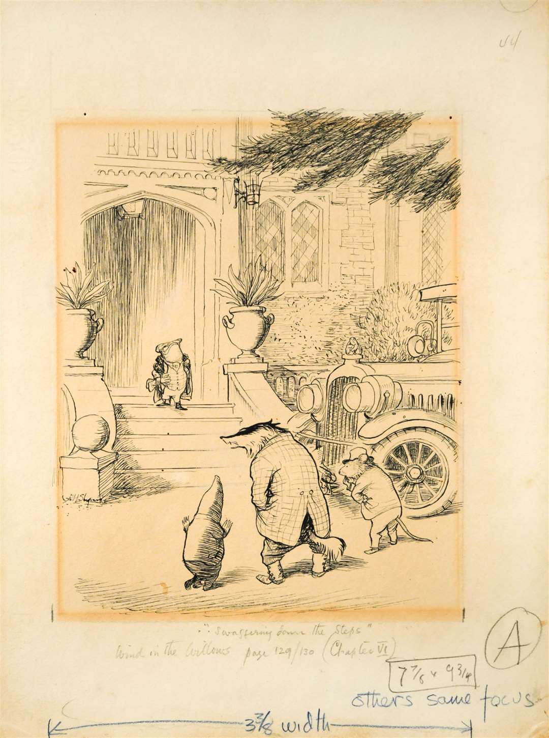 An original illustration for Wind In The Willows, showing Mr Toad, Ratty, Badger and Mole outside Toad Hall, has sold at auction for £33,644 (Cheffins auctioneers/PA)