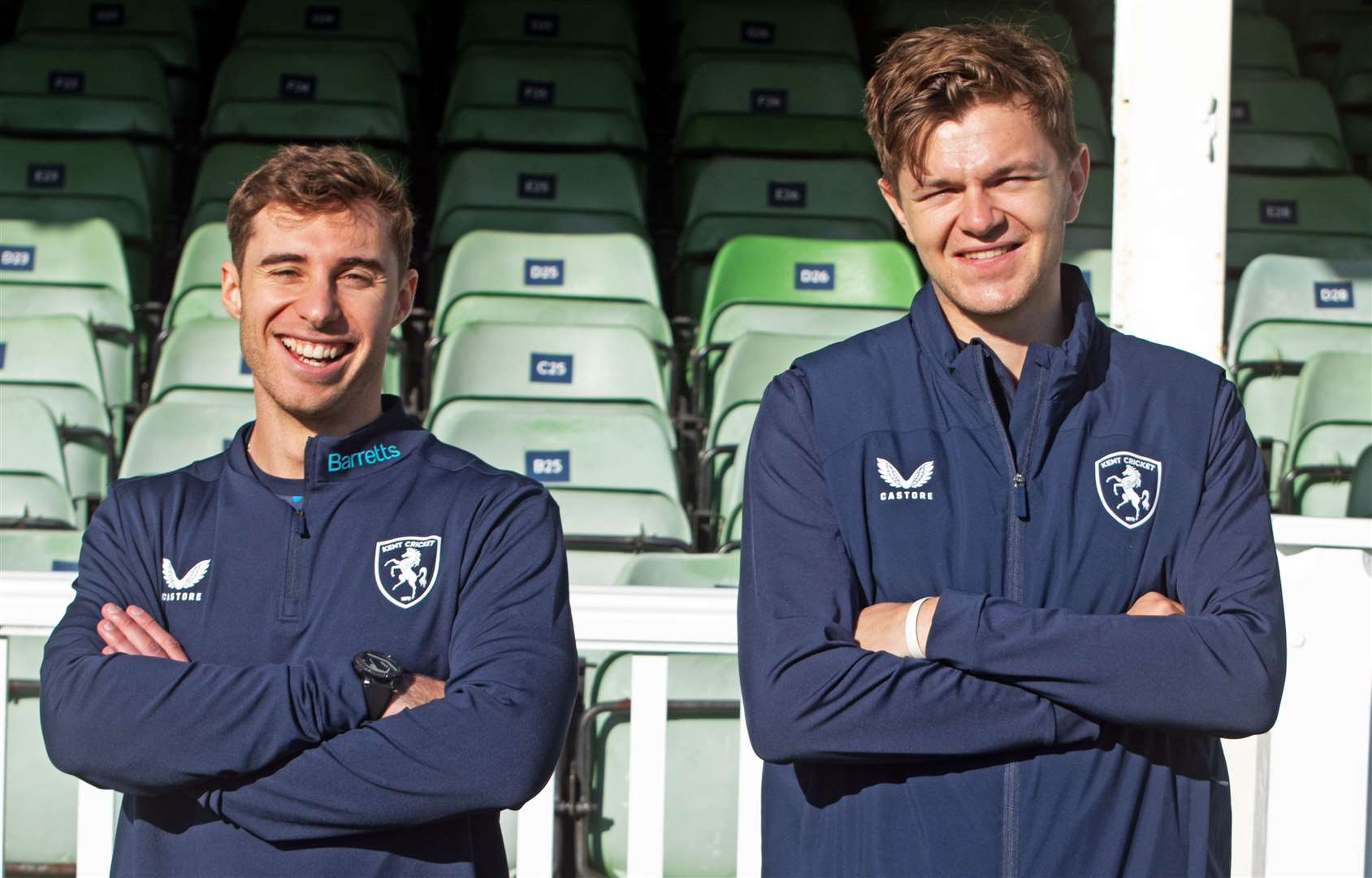 Kent 2023 winter signings Michael Cohen, left, and George Garrett are all smiles at Canterbury’s Spitfire Ground. Picture: Kent Cricket