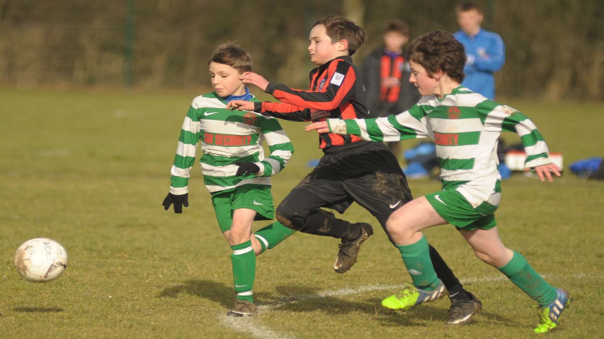 Fairview Rangers sprint for the ball against two New Ash Green rivals in their under-12 League Cup quarter-final Picture: Steve Crispe