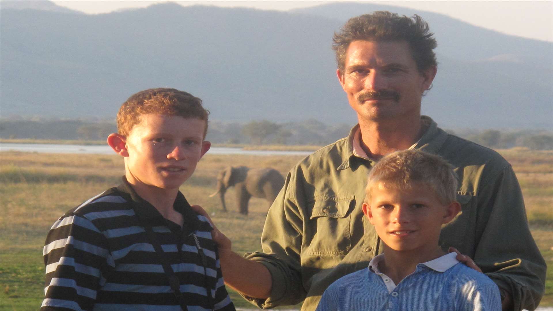 Ben with his two sons, Joshua (left) and Stephen at Mana Pools National Park, a World Heritage Site on the Zambezi river in 2014