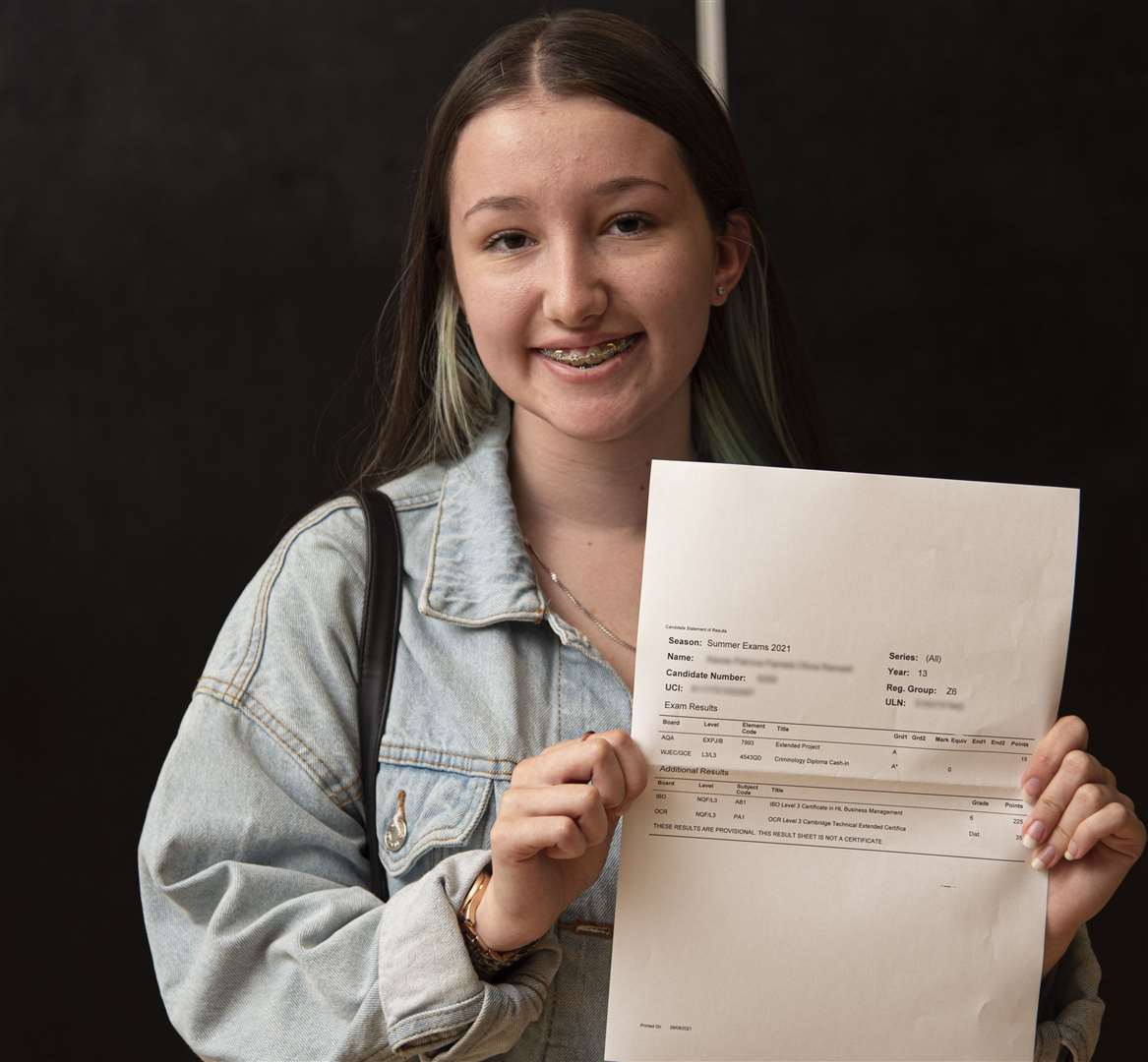 Kacee Ramsell with her results. Picture: Northfleet School for Girls