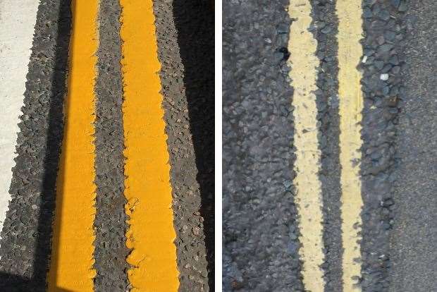 The new double yellows and the original heritage yellow lines in The Hill