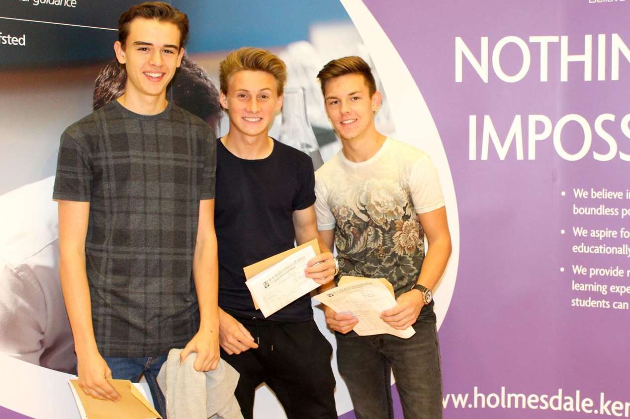 Holmesdale pupils Reis Gilham, Ryan Crandley and Ben Olding on results day