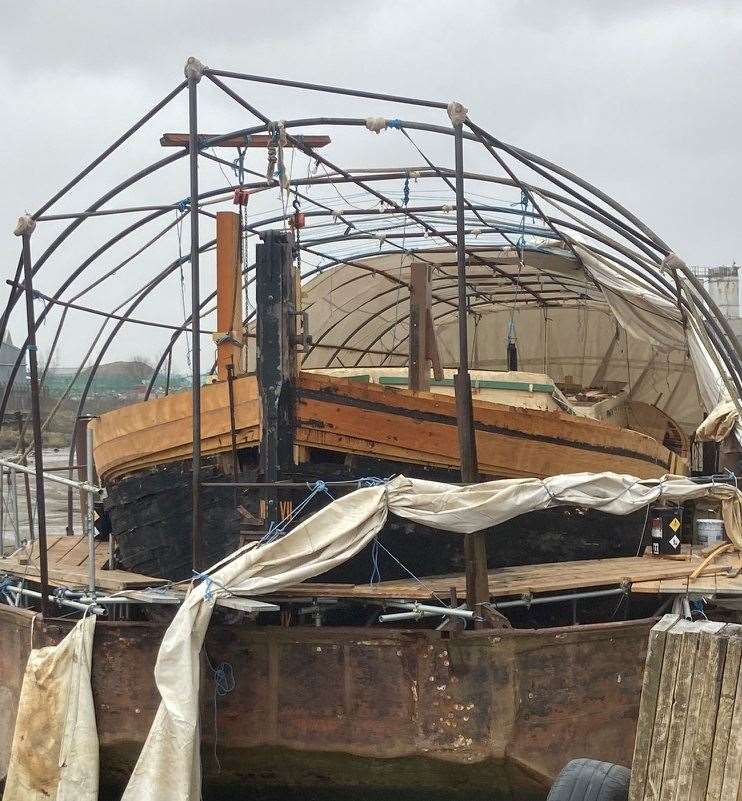 The Raybel in the dry dock while she was being restored at Llyods Wharf in Sittingbourne. Picture: Raybel Charters