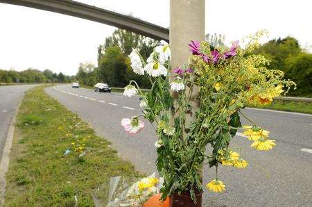 Flowers at the scene of a crash on the A228 in Snodland in which biker Dr Mark Williams was killed