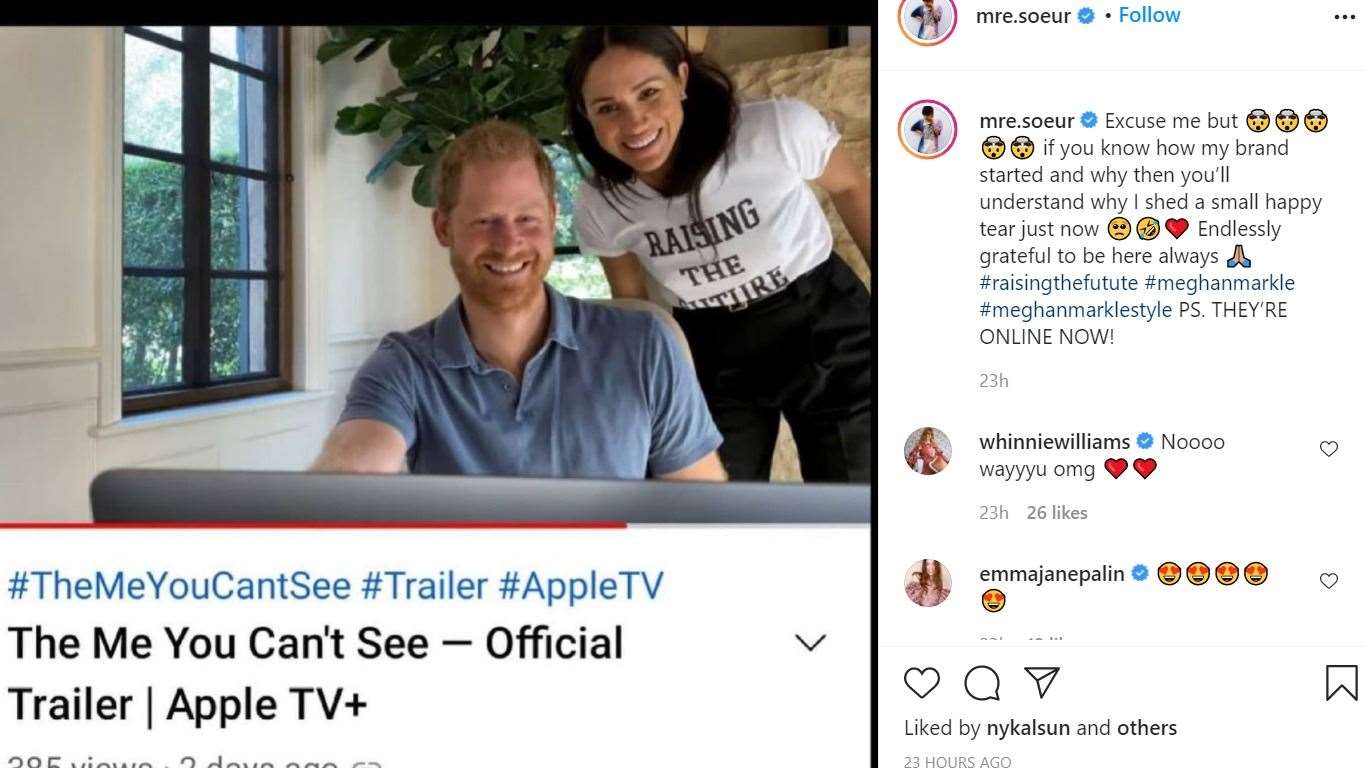 The post by Carrie-Anne Roberts of Meghan Markle wearing her T-shirt. Picture: Instagram / @mre.soeur
