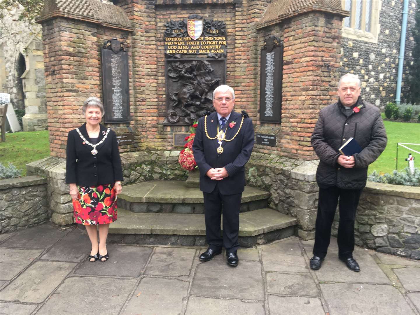 The Armistice ceremony at Sandwich with mayor and Mayoress Paul and Sue Graeme and the Rev Canon Mark Roberts. Picture: Sandwich Town Council