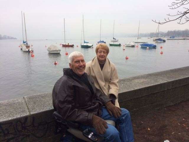Sandra Barclay with her late husband Andrew, by a lake in Geneva. Picture: Sandra Barclay