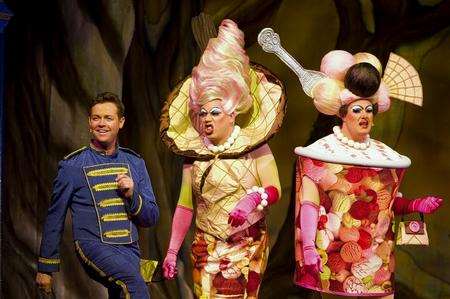 Stephen Mulhern (Buttons) and ugly sisters Ian Smith and Michael J Batchelor in Cinderella