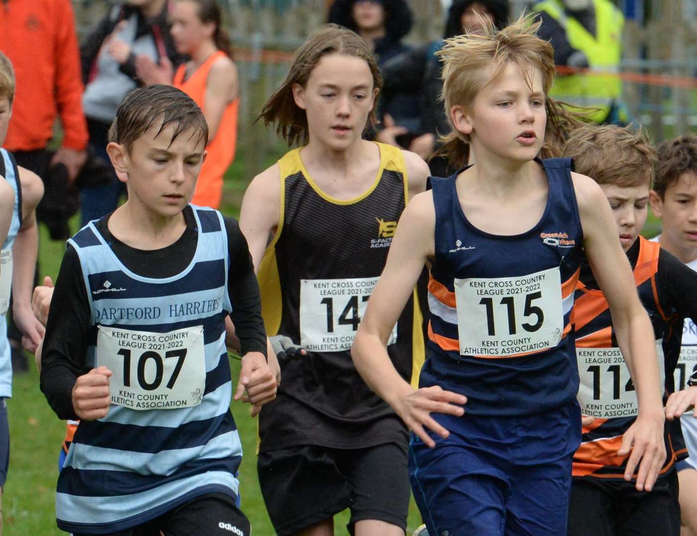 No.107 Oakley Andrews of Dartford Harriers and No.115 George Hicks for Greenwich Tritons in the under-13 boys' race. Picture: Chris Davey (52347920)