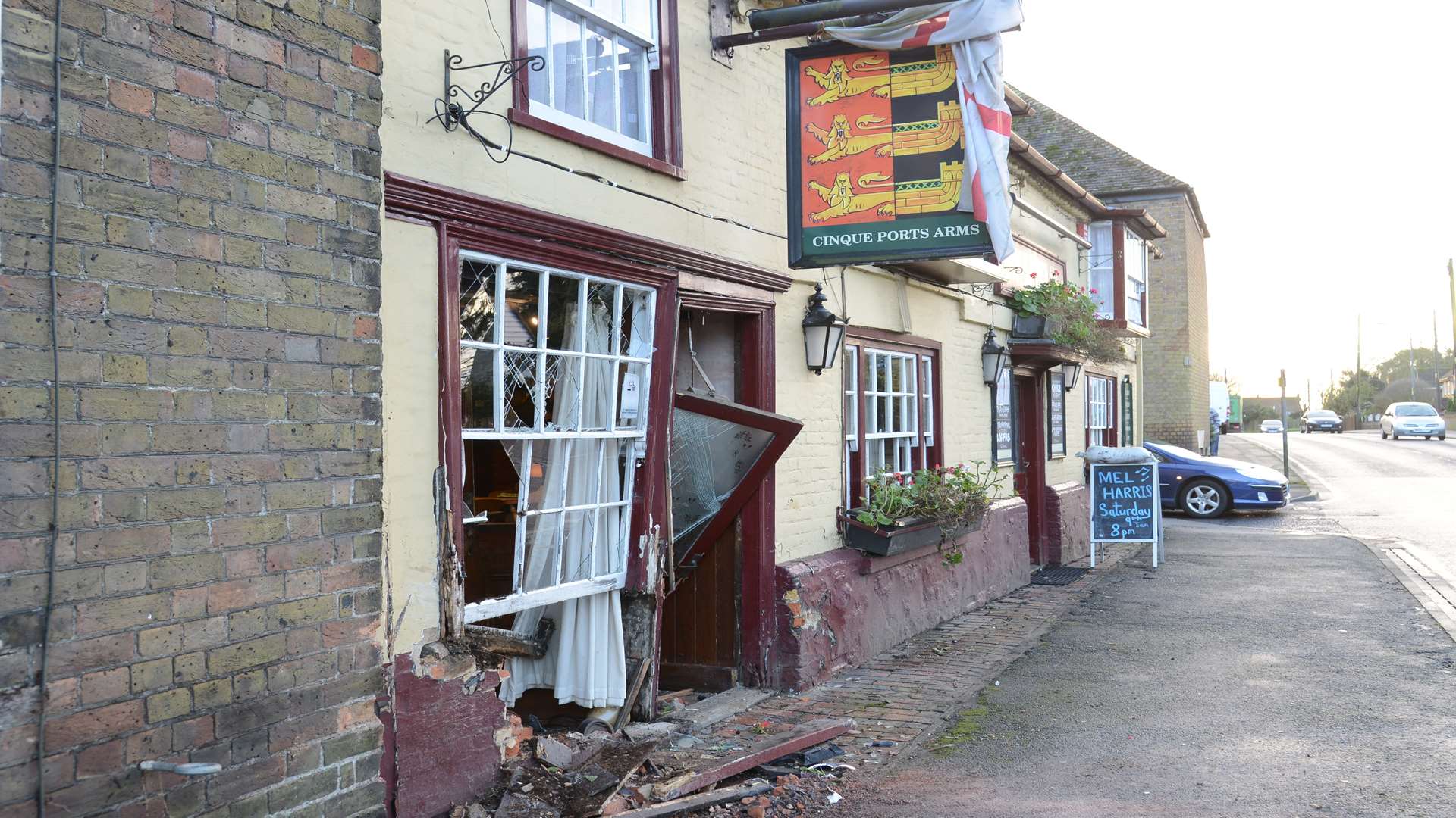Aftermath of the crash at the Cinque Port Arms, New Romney. Picture: Gary Browne.