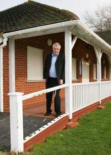 Nigel Champion (cor) points out the vandalism at the cricket club. Great Chart Cricket Club, Chart Road, Great Chart, Ashford.