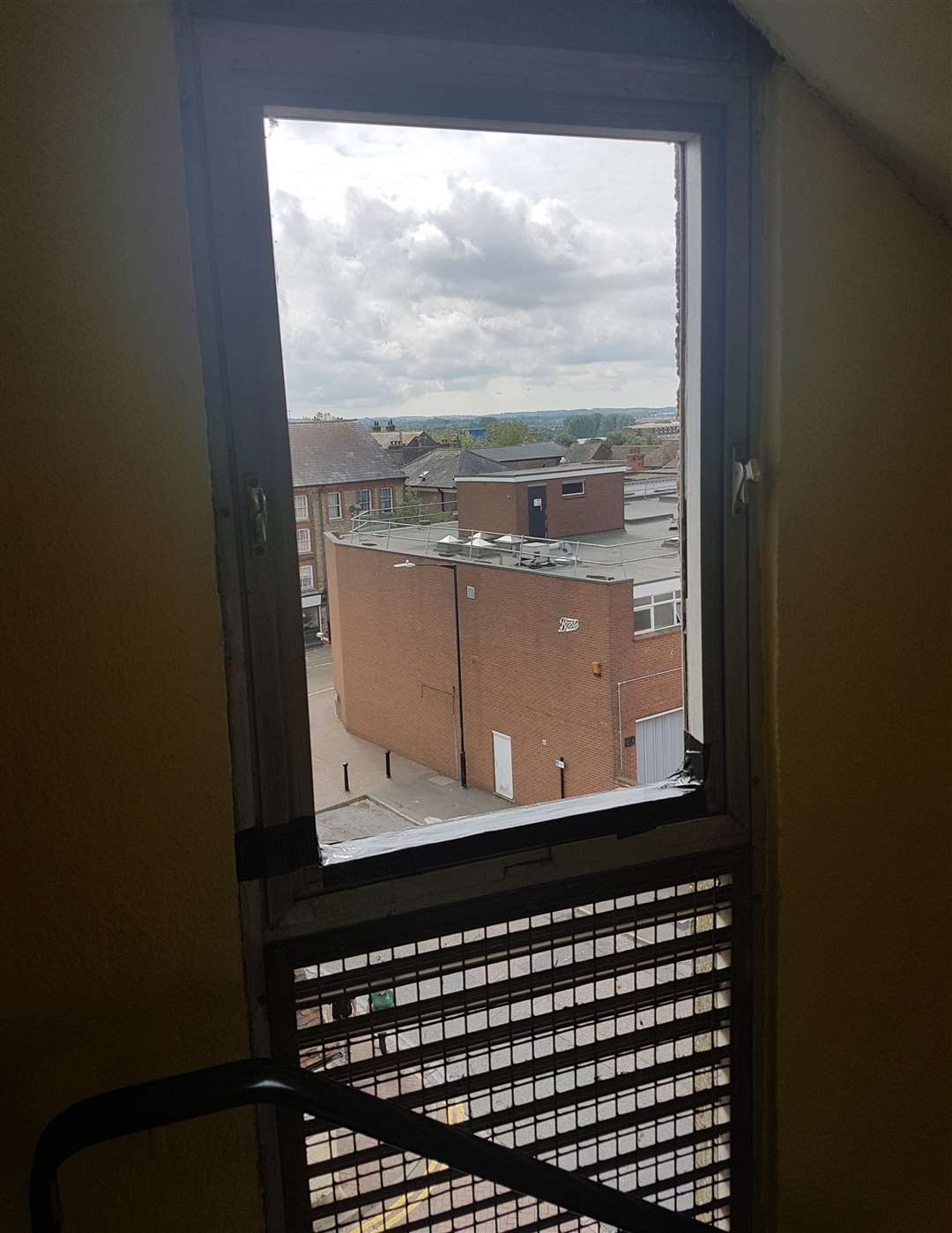 One of the windows in the stairwell was smashed in 2019