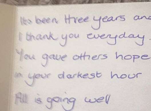 Tracy Squire received this card from the woman who received her son's kidney