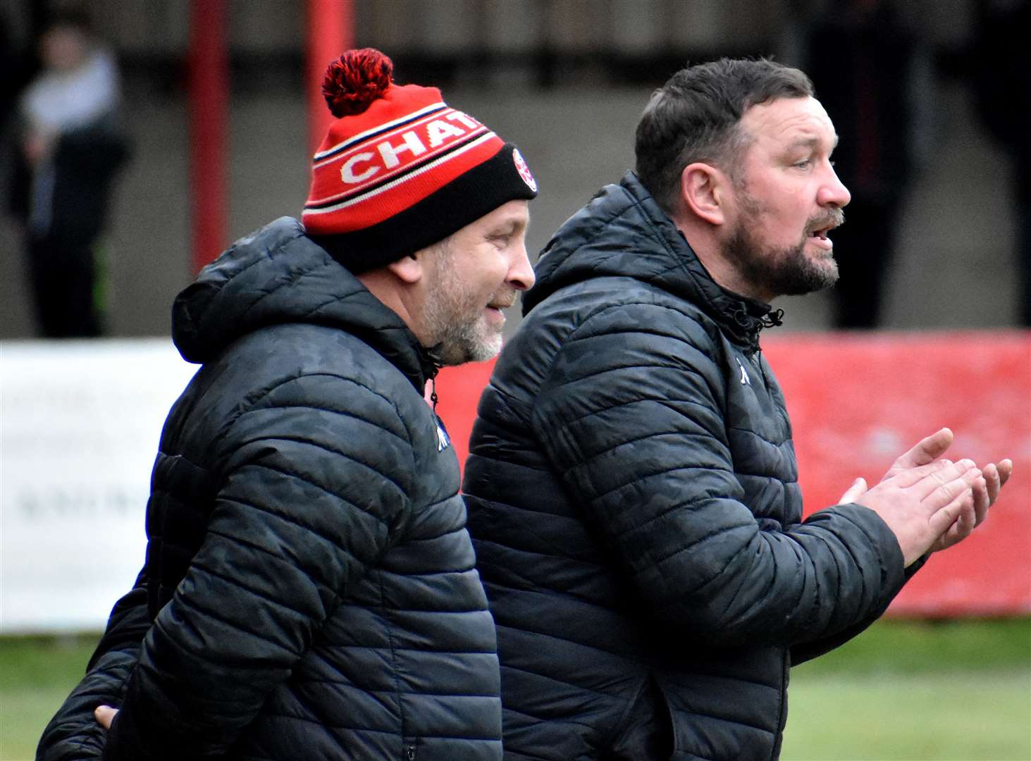 Chatham Town manager Kevin Hake alongside assistant boss Danny Kedwell at Hythe Picture: Randolph File