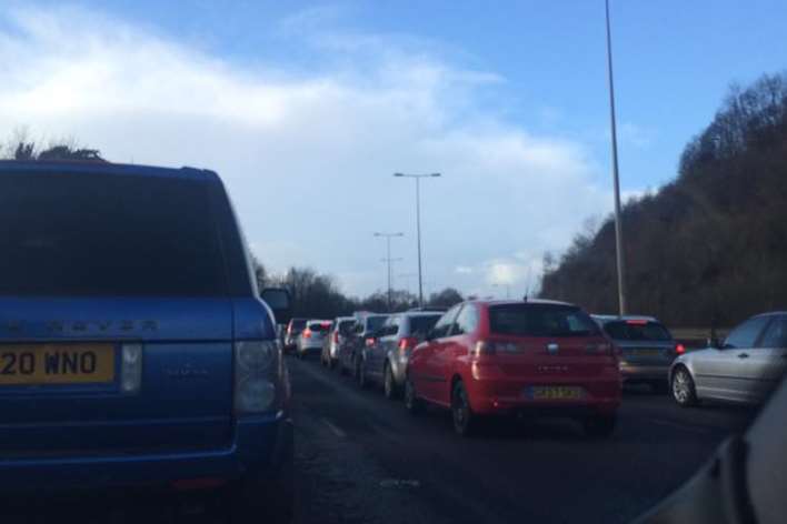 Traffic at a standstill on Blue Bell Hill following a crash. Picture Martin Balcombe via @Kent_999s