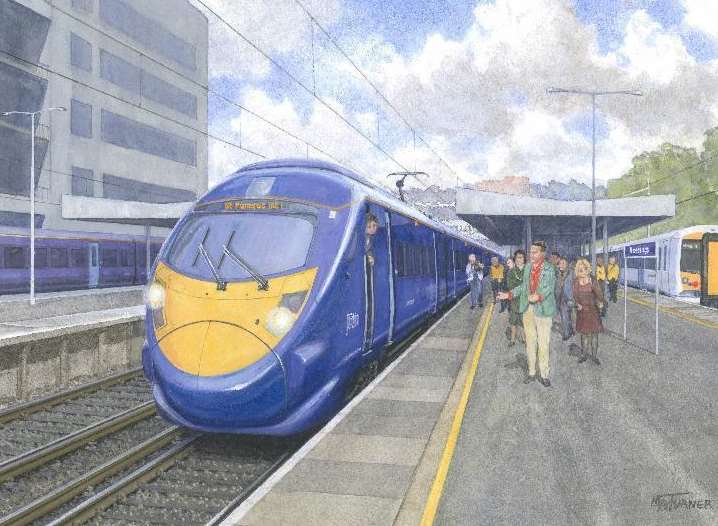 An artist's impression of a high speed train at Hastings Station