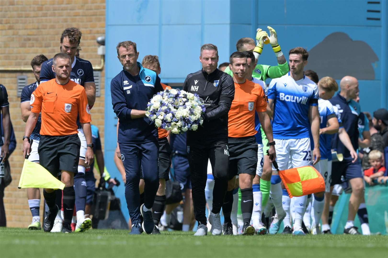 Opposing managers lay a wreath at Priestfield ahead of the Gillingham v Millwall pre-season friendly, in memory of John Berylson Picture: Keith Gillard