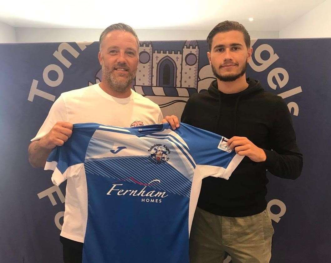 Lewis Gard with Tonbridge boss Jay Saunders. Picture: Phil Broad