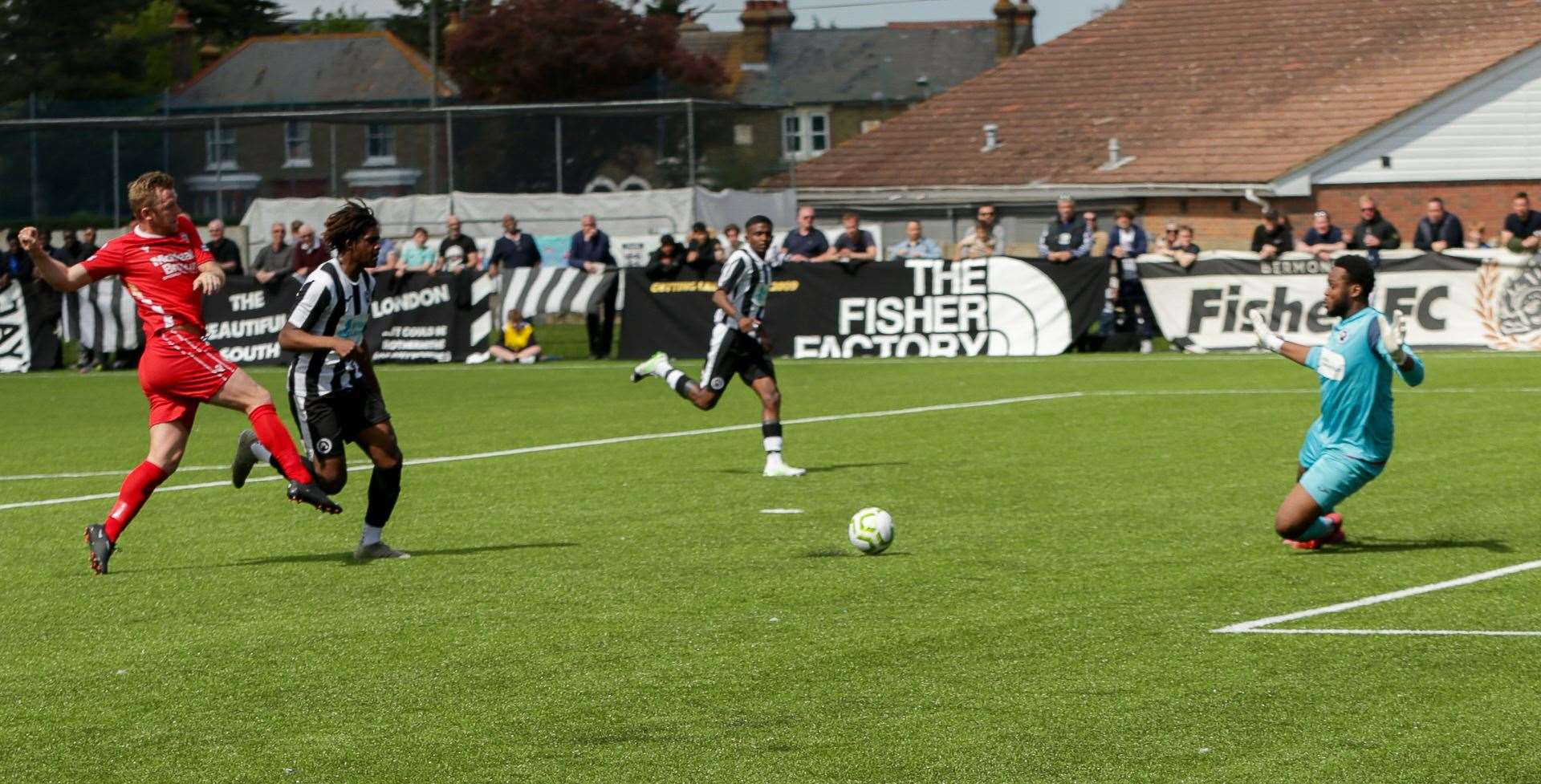 Ben Brown scoring for Hollands & Blair in May’s SCEFL Challenge Cup Final against Fisher Picture: Les Biggs