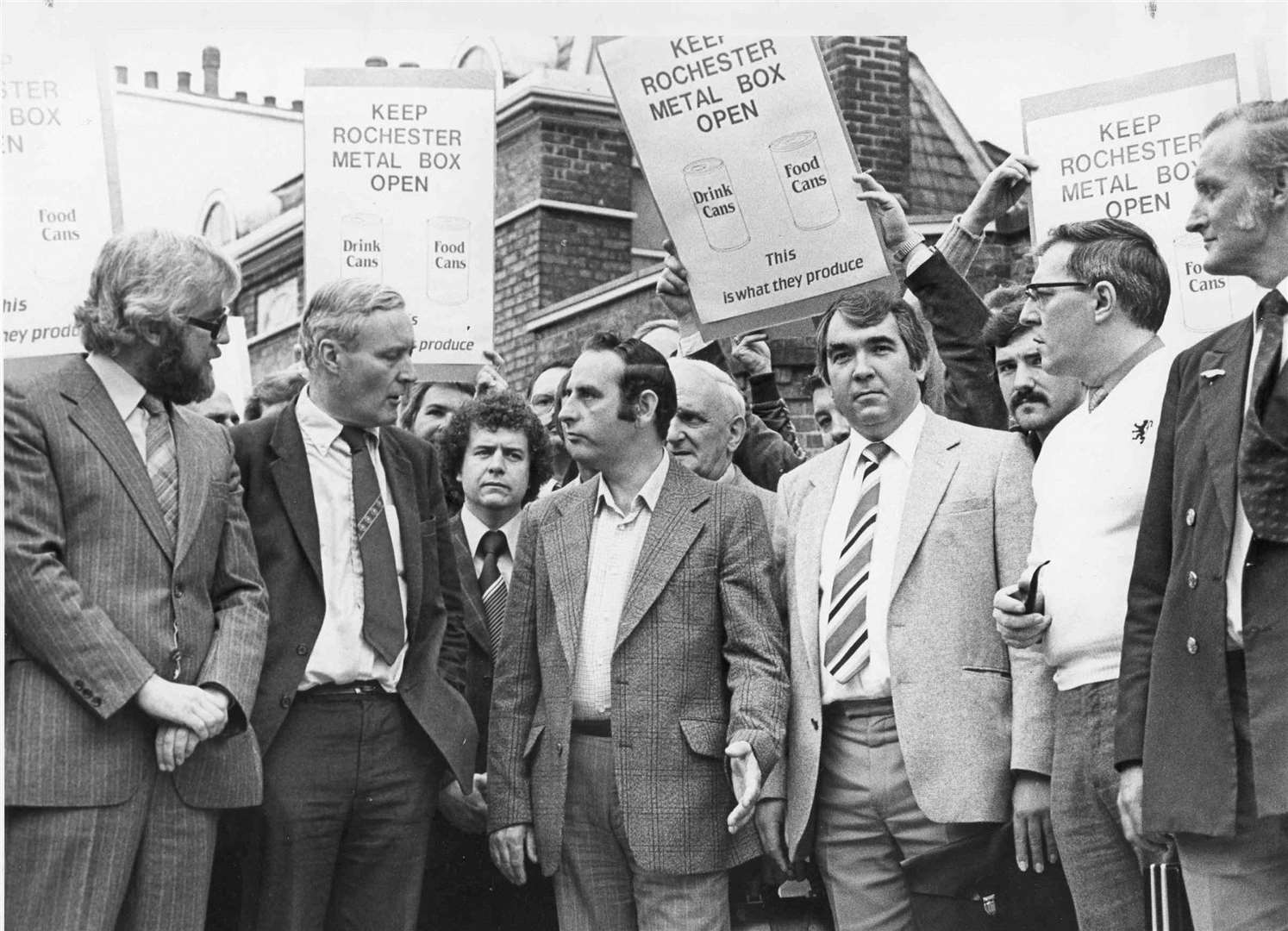 Tony Benn met members of a trade group committee fighting the closure of Rochester Metal Box, led by Mr Bob Hills (centre), the committee chairman. With Mr Benn is ex-Rochester and Chatham MP Mr Bob Bean (left)