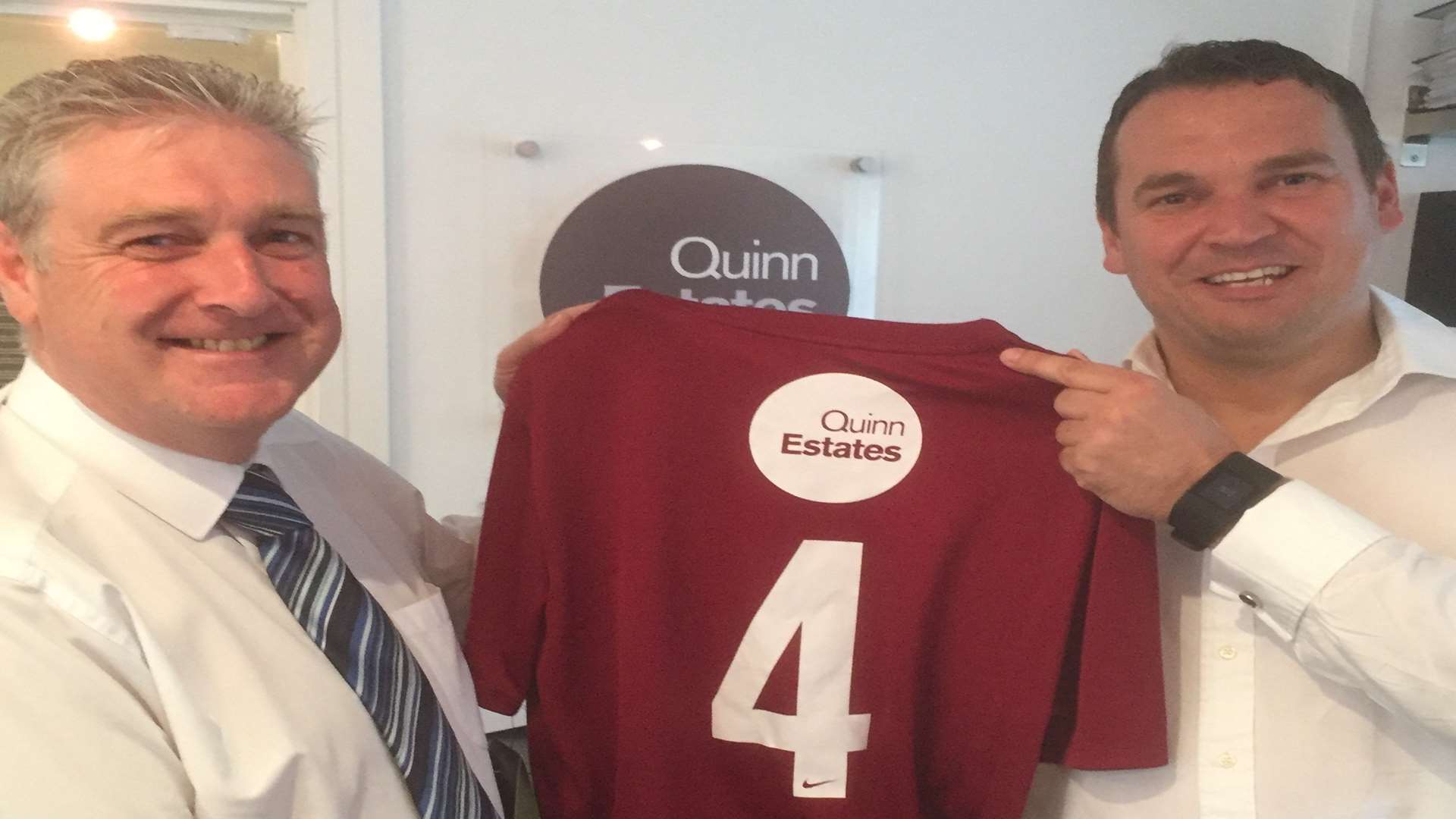 Club chairman Tim Clark with sponsor Mark Quinn and the Canterbury City FC kit sponsored by Quinn Estates.