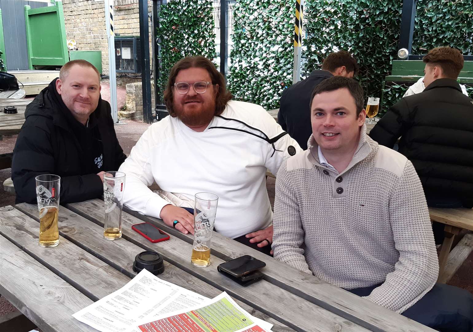 Carl Butler, Otis Fellows and James Sandison enjoying a drink in Maidstone