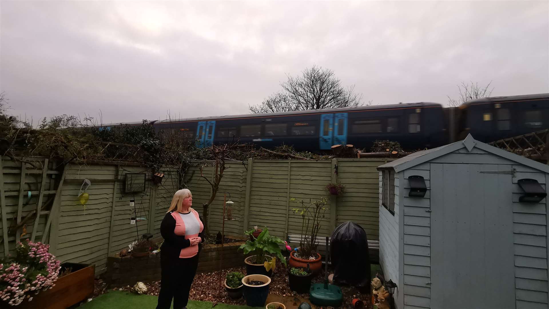 A train passing at the end of her garden