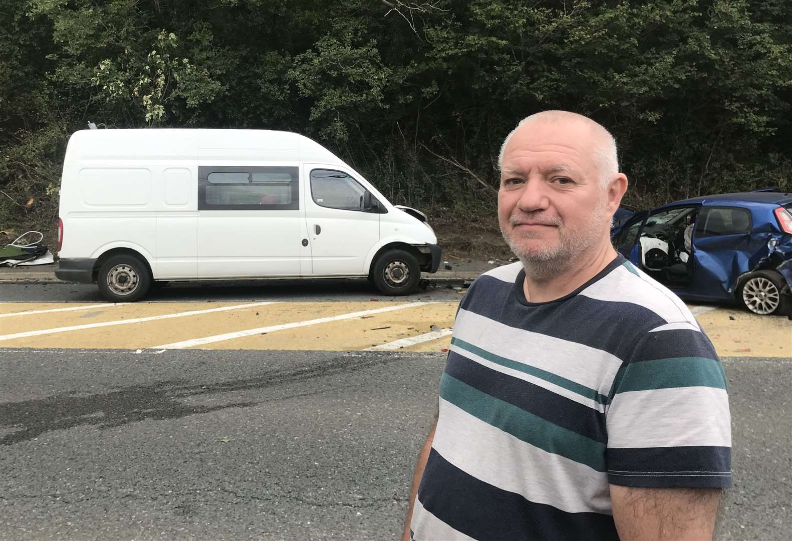 Tim Rogers, nicknamed Lucky by workmates, says he narrowly avoided being hit by the lorry travelling the opposite direction during the crash in Cuxton