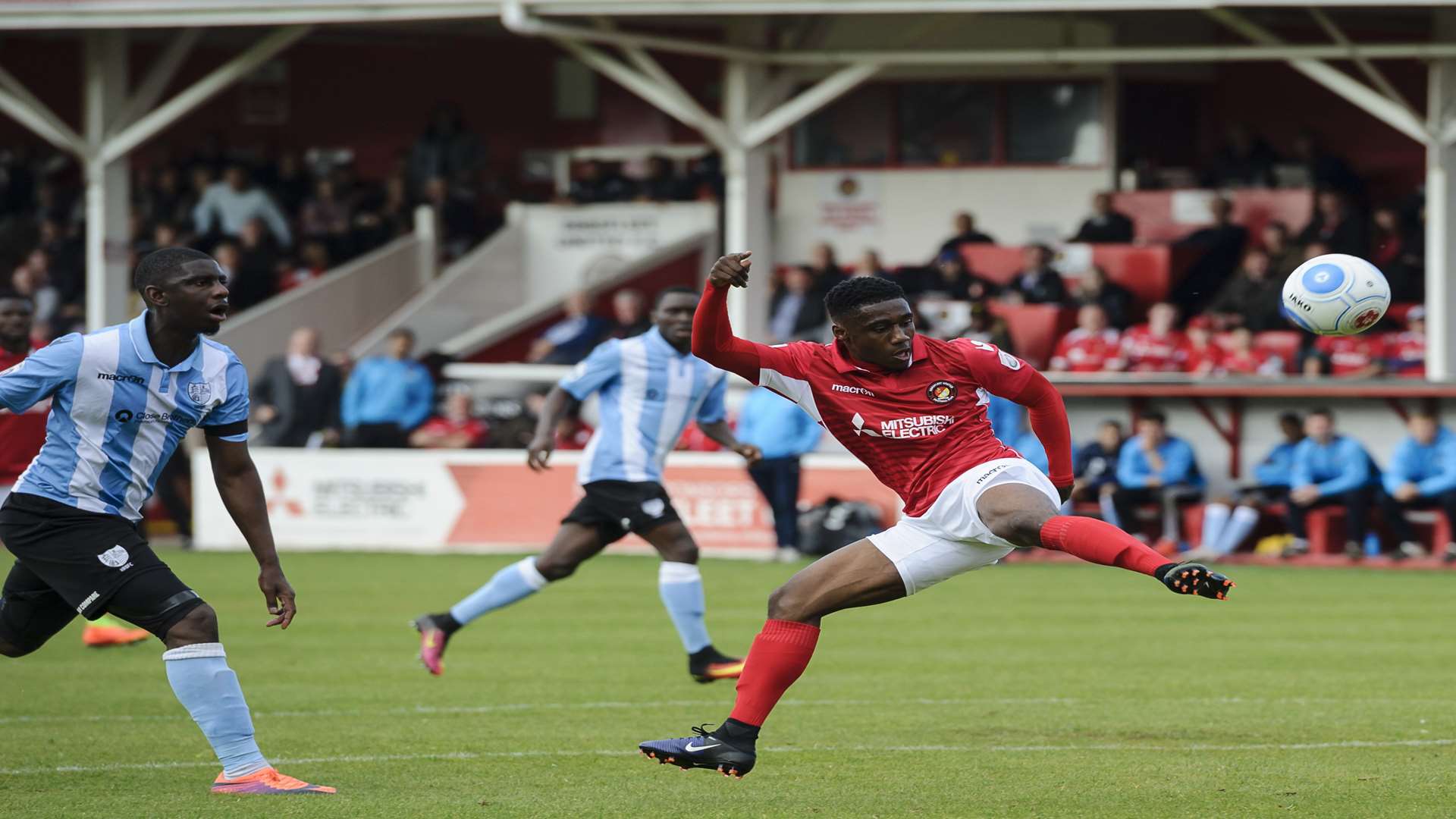 Darren McQueen sends Ebbsfleet into this final with this flick Picture: Andy Payton