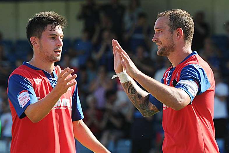 Charlie Allen celebrates a goal with Danny Kedwell Picture: Barry Goodwin