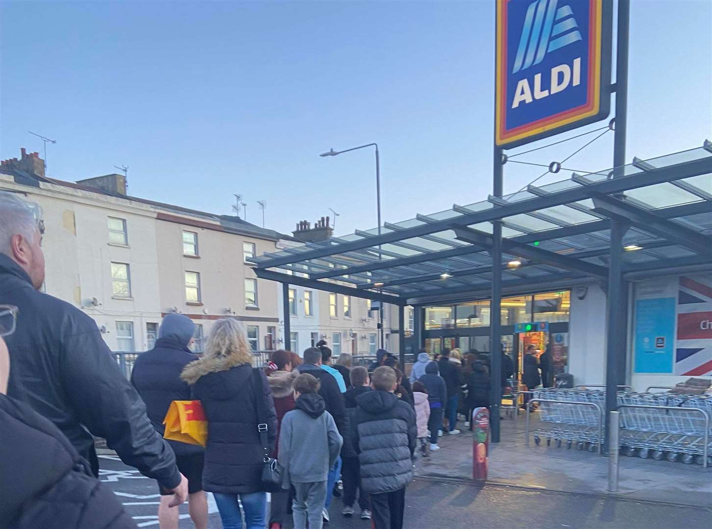 The queues for the Prime drink outside Aldi Gravesend towards the end of December. Picture: Ellie-Louise Dadswell