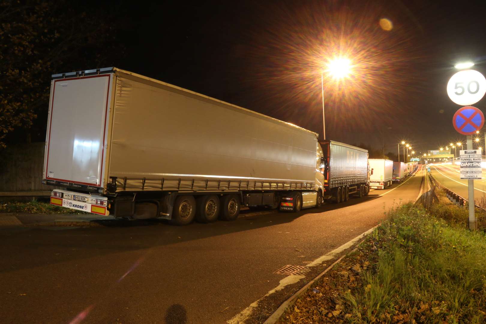 Lorries parked on slip road of A2 at Gravesend East (Cobham services)