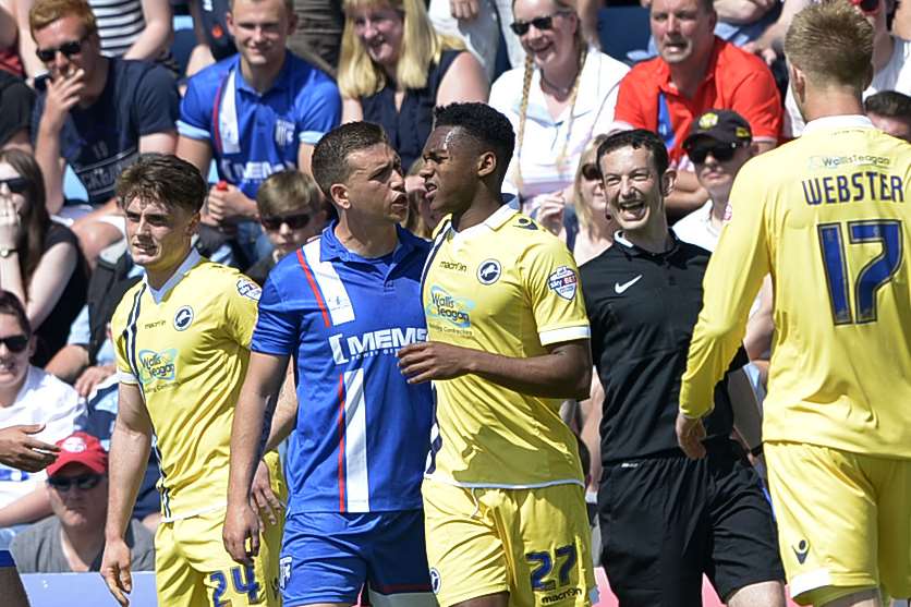 Mahlon Romeo sees red with four minutes to go. Lions boss and former Gills loanee Neil Harris was then sent to the stands following his protests