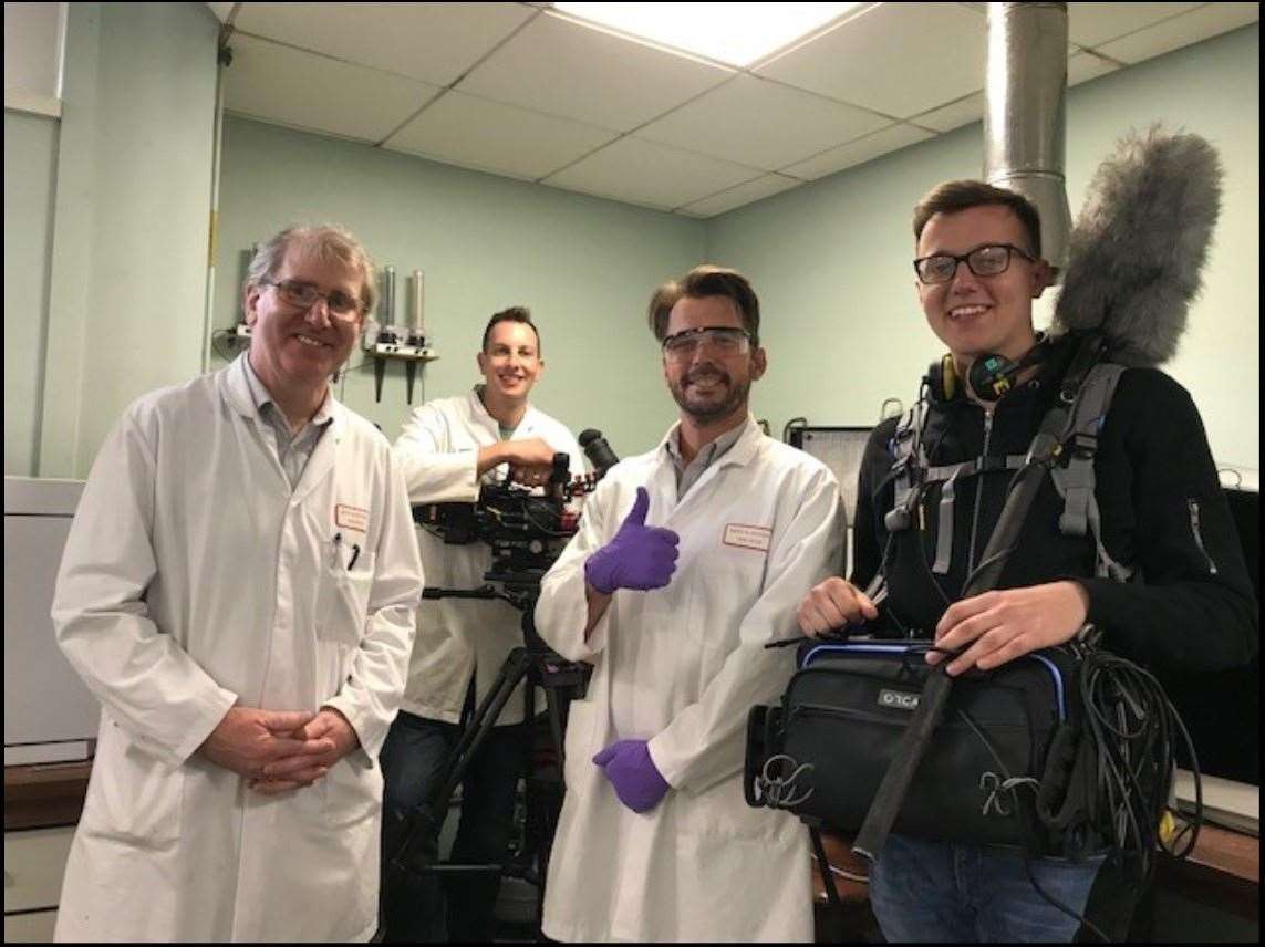 Kent Scientific Services analytics services manager Jon Griffin, left, with presenter Jimmy Doherty and the Channel 4 TV camera crew